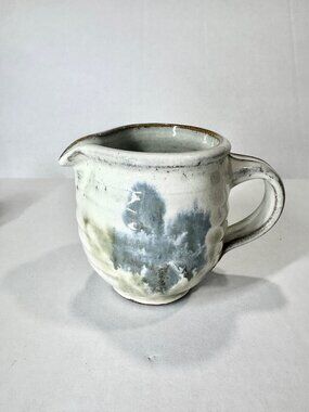 Handcrafted Studio Pottery Creamer with Handle Floral Glaze Gray Blue Green 4"